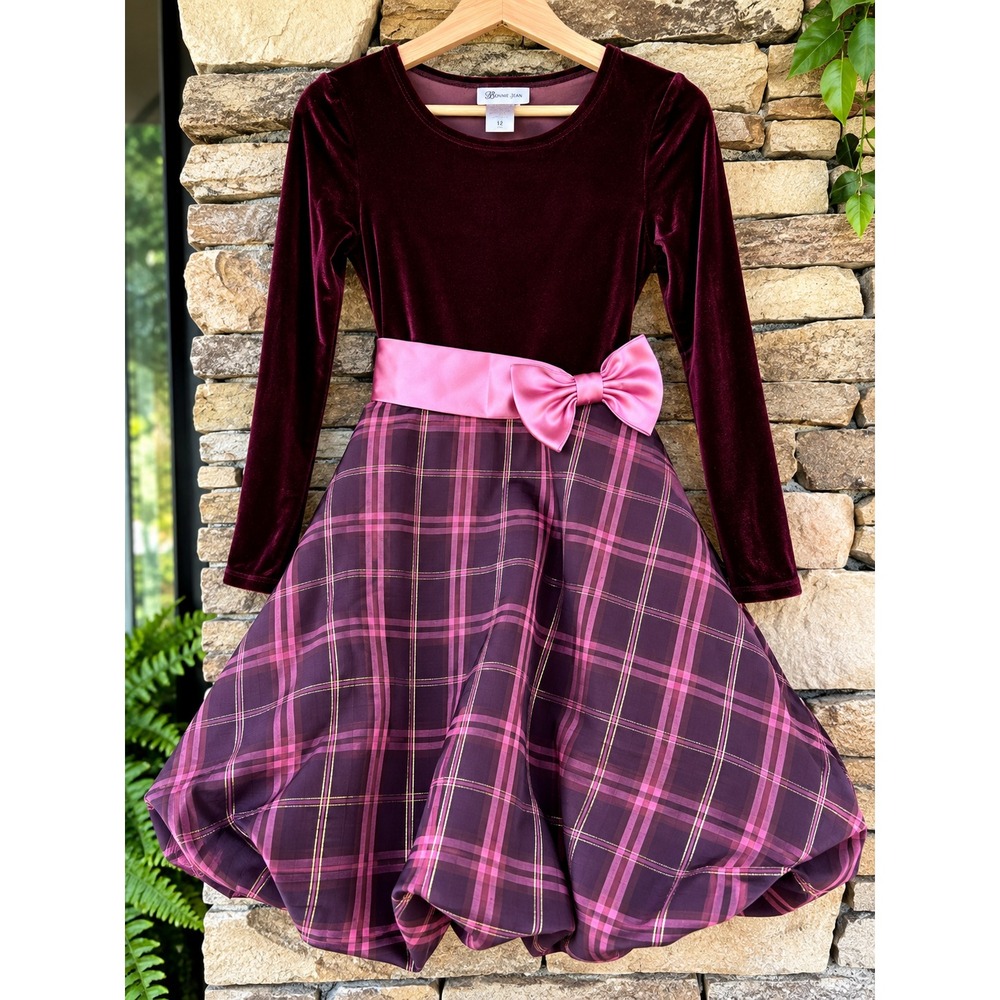 Bonnie Jean Girls Size 16 Burgundy Velvet Plaid Holiday Christmas Party Dress